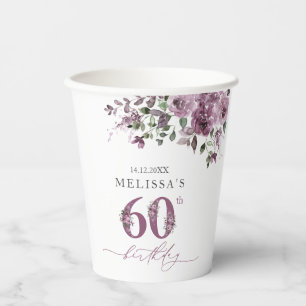 Gobelets En Papier Élégante Fleurs violettes 60e fête d'anniversaire