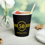 Gobelets En Papier Elégante Golden 50th 60th 70th 80th Birthday Party<br><div class="desc">Soirée 50 Anniversaire en or et rayures dorées sur tasses noires. Le texte peut être personnalisé pour d'autres âges,  Anniversaires,  réunions d'entreprise,  affaires,  fête et plus encore!</div>
