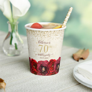 Gobelets En Papier Élégante Rose rouge Floral Or 70e fête d'anniversa