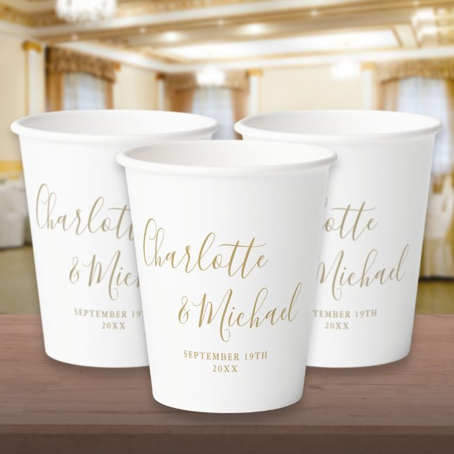 Gobelets En Papier Élégante signature de mariage or script (Elegant Signature Script Gold Wedding Paper Cups)