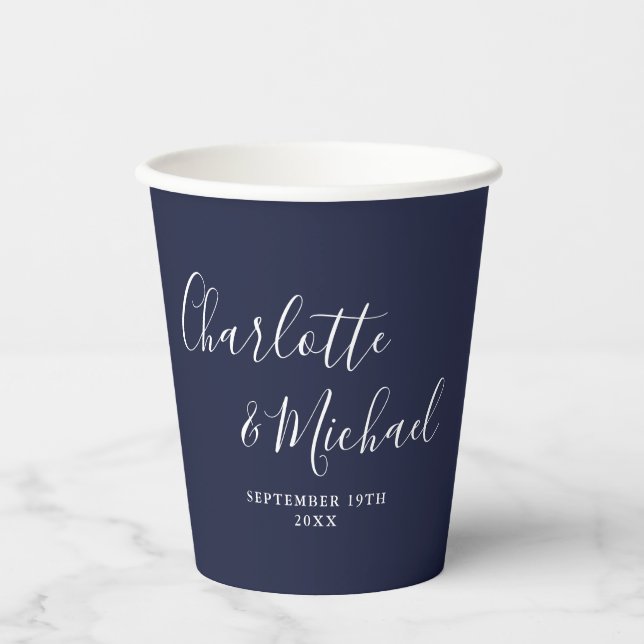 Gobelets En Papier Élégante Signature Script Mariage Bleu Nuit (Recto)