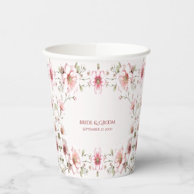 Gobelets En Papier Élégante tasse de papier floral blanc rose (Gauche)