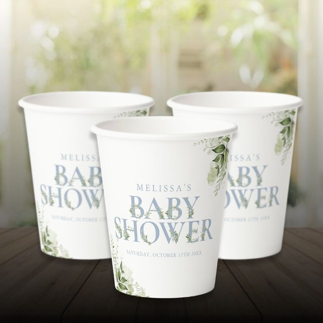 Gobelets En Papier Elégante verdure Baby shower bleu Dusty (Elegant Greenery Dusty Blue Baby Shower Paper Cups)