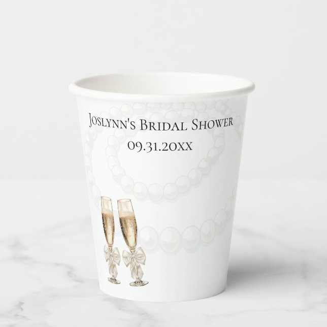Gobelets En Papier Élégantes Perles Blanches et Prosecco pour une Bab (Recto)