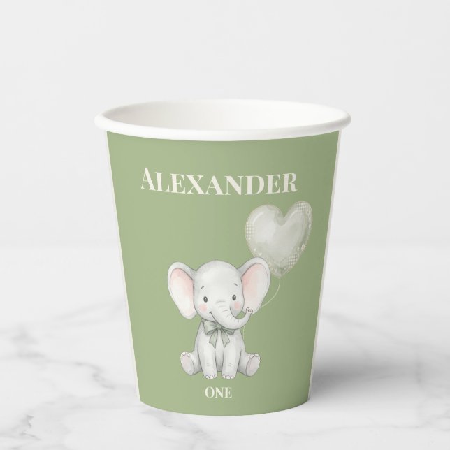 Gobelets En Papier Élément de premier anniversaire éléphant vert saug (Recto)