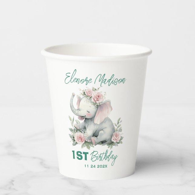 Gobelets En Papier Éléphant Floral Mignon Anniversaire (Recto)