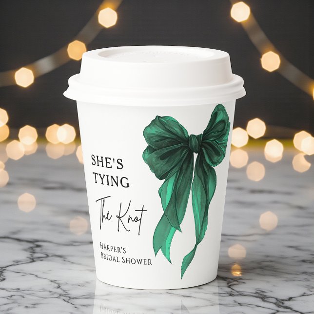 Gobelets En Papier Elle Attache Le Nœud Vert Salon De Mariée (Créateur téléchargé)