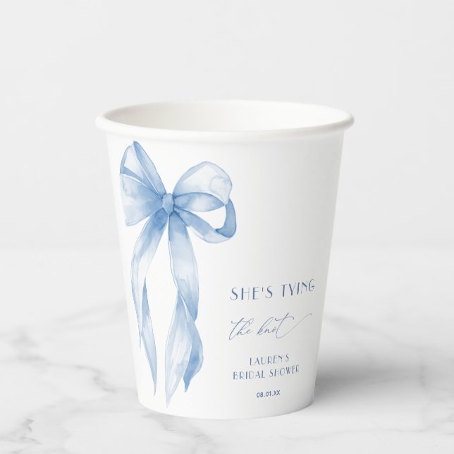 Gobelets En Papier Elle Noue Le Nœud Bleu Poussiéreux Shower De Marié (Recto)