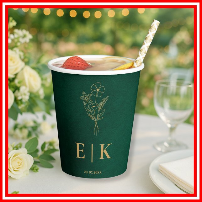 Gobelets En Papier Emerald Green & Gold Monogram Wildflower Wedding (Créateur téléchargé)