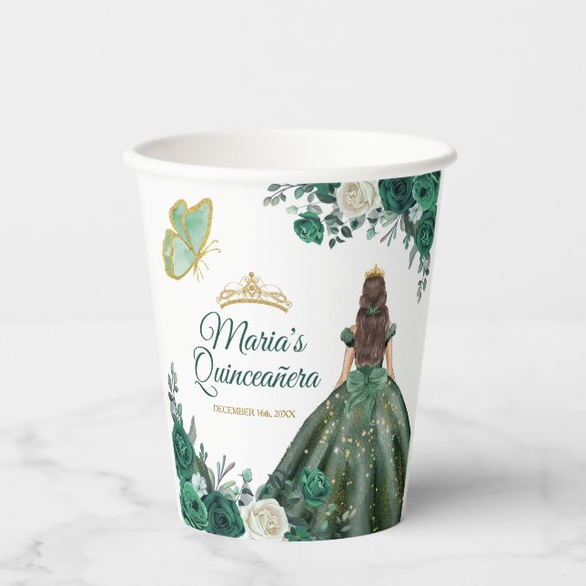Gobelets En Papier Emerald Green Robe Quinceañera Couronne Anniversai (Recto)