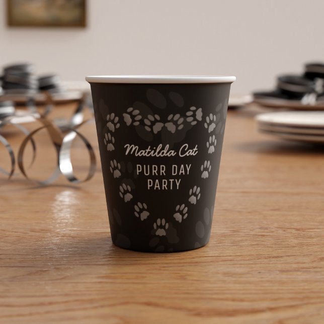 Gobelets En Papier Empreinte de patte Purr Day Chat Anniversaire Coup (Happy Purr Day to you! Add your cat's name (or yours) to this cute paw print paper cup and purrrty!)