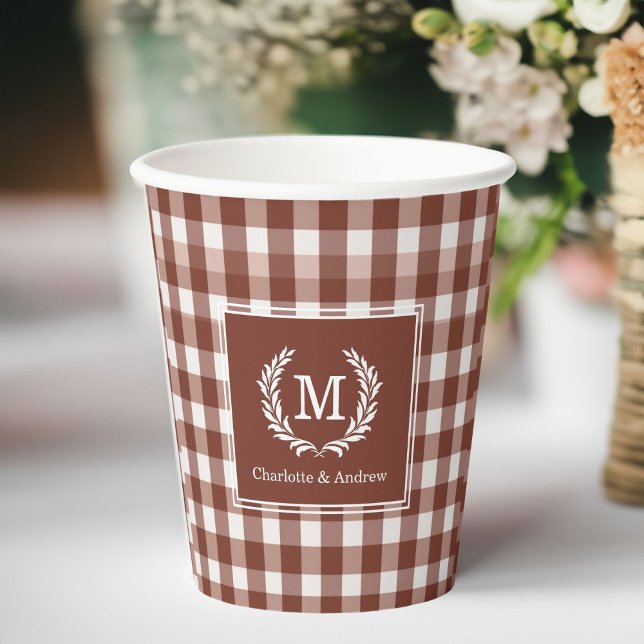 Gobelets En Papier En vichy Brown Monogramme Crest (Brown Gingham Monogram Crest Custom Paper Cups)