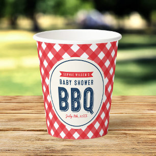 Gobelets En Papier En vichy rouge et Baby shower bleu barbecue