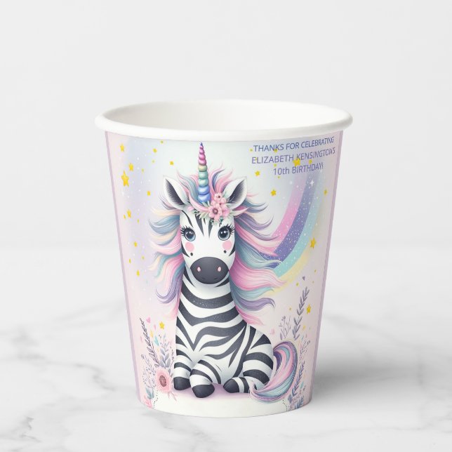 Gobelets En Papier Enfants Zebra Unicorn Rainbow Birthday Party (Recto)
