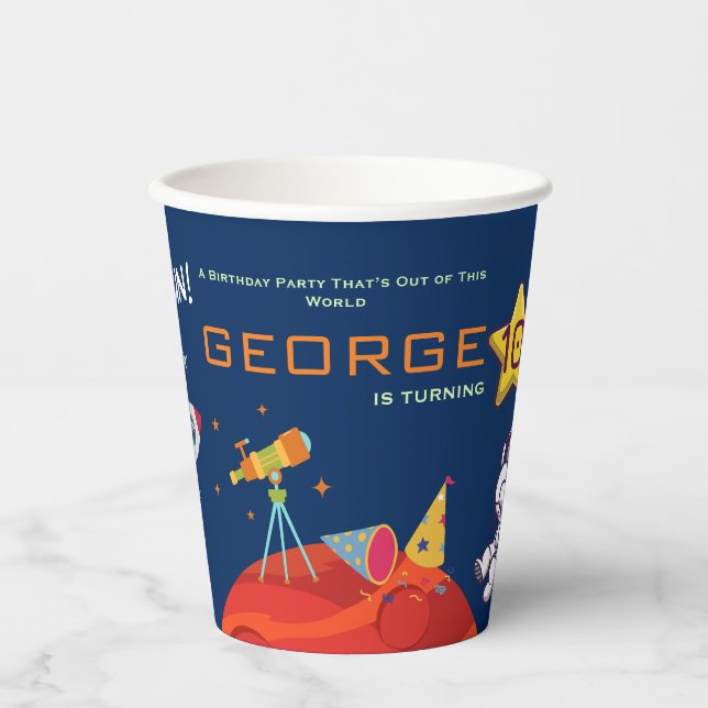 Gobelets En Papier Espace Créatif Bleu Fusée Astronaute Enfants Anniv (Recto)