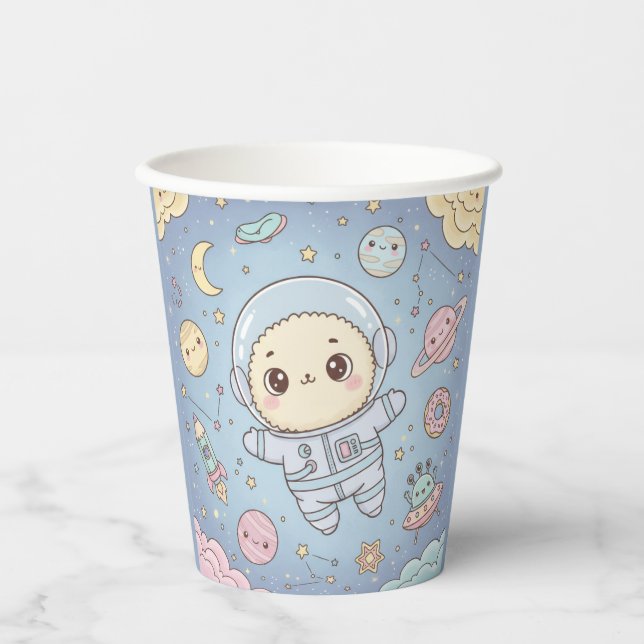 Gobelets En Papier Espace Kawaii Mignon - Astronaute et Lune Souriant (Recto)