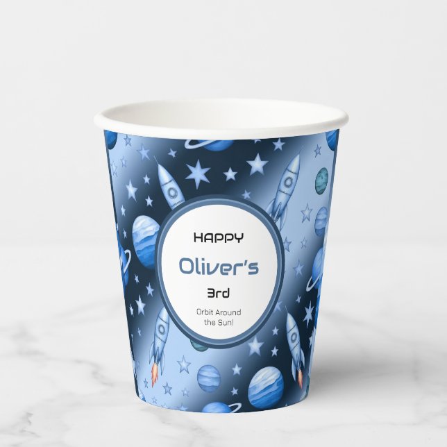 Gobelets En Papier Externe Space Adventure Rocket et Planet Blue (Recto)