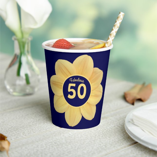 Gobelets En Papier Fabuleux 50e anniversaire bleu et jaune floral (Insitu)