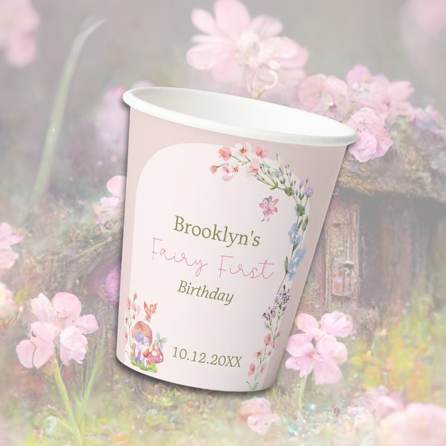 Gobelets En Papier Fairy First Birthday Whimsal Mushroom tasse de pap (Fairy First Birthday Whimsical Mushroom Paper cup
)