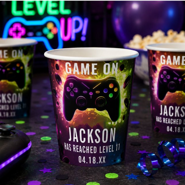 Gobelets En Papier  Faites Monter le Niveau ! Fête d'Anniversaire de  (Level Up! Neon Video Game Birthday Party Paper Cups
)