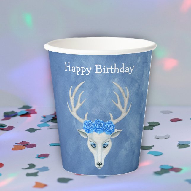 Gobelets En Papier Fantasie d'anniversaire Cerf Blanc Tête Roses Bleu (Mystical white deer head antlers crown of blue roses on misty blue Birthday party paper cup.)