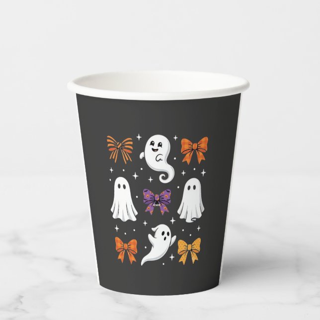 Gobelets En Papier Fantôme Mignon avec Rubans Design Halloween_1 (Recto)