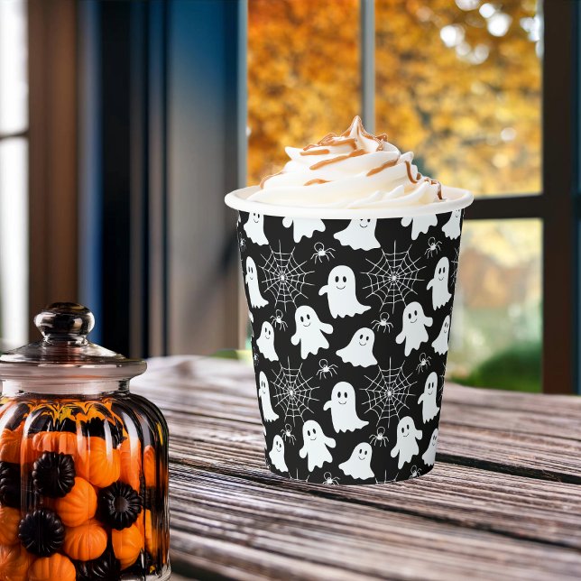 Gobelets En Papier Fantômes mignons | Araignées | Spider Webs Hallowe (Cute Ghosts, Spiders and Spider Webs Halloween Black and White Patterned Paper Cups)