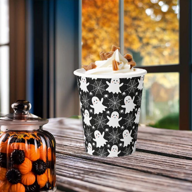 Gobelets En Papier Fantômes mignons | Araignées | Spider Webs Hallowe (Cute Ghosts, Spiders and Spider Webs Halloween Black and White Patterned Paper Cups)