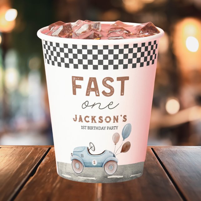 Gobelets En Papier Fast One Racing Car Blue Boy 1er anniversaire (fast one race car custom paper cups for 1st birthday)