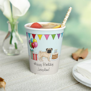 Gobelets En Papier Fawn Pug Chiot de Dessin Animé Mignon Anniversaire