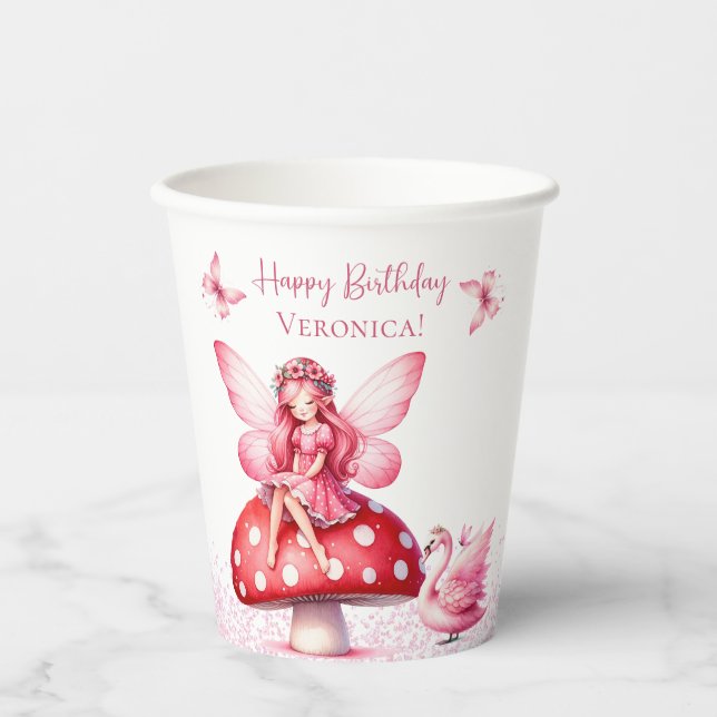 Gobelets En Papier Fée Princesse Champignon Rose Anniversaire (Recto)