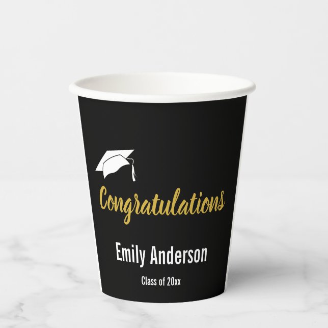 Gobelets En Papier Félicitations Grad Black White Gold Graduation (Recto)