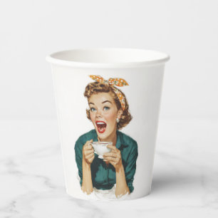 Gobelets En Papier Femme Rétro Joyeuse qui Apprécie son Café