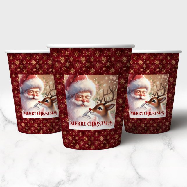 Gobelets En Papier Festive Holiday Cups with Santa Claus and Rudolph  (Festive Holiday Cups with Santa Claus and Rudolph Art)
