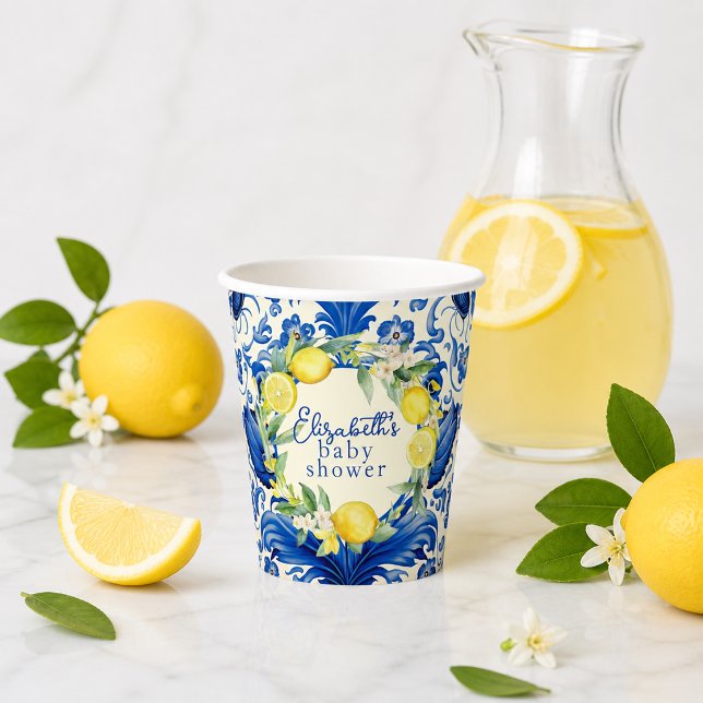 Gobelets En Papier Fête Bébé Citron Jaune Carreau Bleu (Yellow Lemons Blue Tile Lemon Baby Shower Paper Cups)