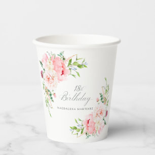 Gobelets En Papier Fête d'anniversaire 18 ans Fleur de pivoine rose p