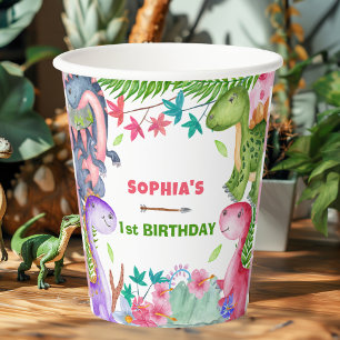 Gobelets En Papier Fête d'anniversaire 1 an dinosaure fille mignonne