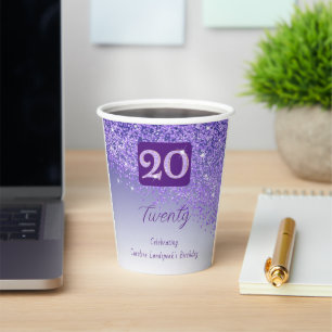 Gobelets En Papier Fête d'anniversaire 20 ans Paillettes Violet Clair