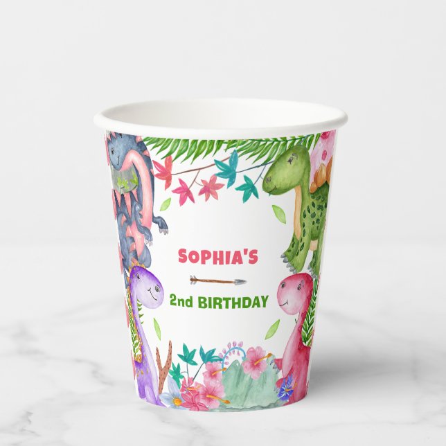 Gobelets En Papier Fête d'anniversaire 2 ans Dinosaure Fille Mignonne (Recto)