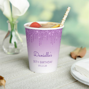 Gobelets En Papier Fête d'anniversaire 30 ans Glam Purple Glitter Dri