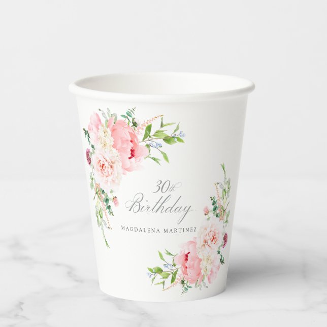 Gobelets En Papier Fête d'anniversaire 30 ans personnalisée fleurs de (Recto)