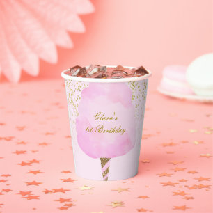 Gobelets En Papier Fête d'anniversaire barbe à papa pailletée rose et