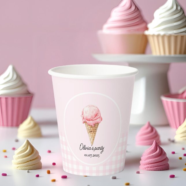 Gobelets En Papier Fête d'anniversaire Cône de Glace Rose (Créateur téléchargé)