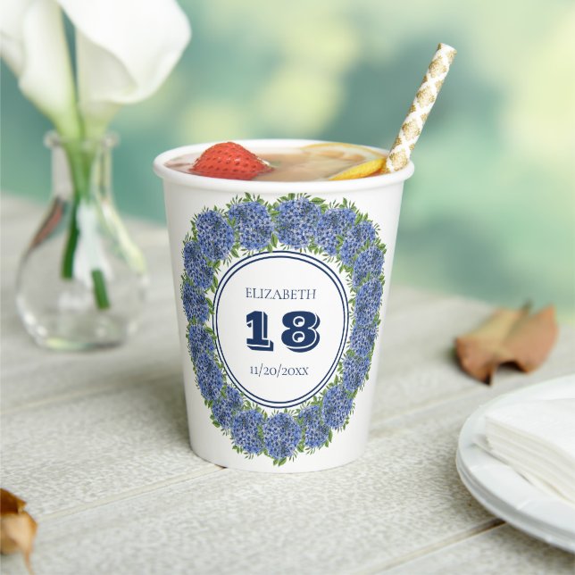 Gobelets En Papier Fête d'anniversaire de 18 ans Élégante Hydrangea B (Insitu)