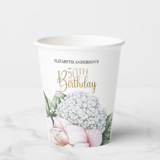 Gobelets En Papier Fête d'anniversaire de 50 ans Fleur de Pivoine Ros