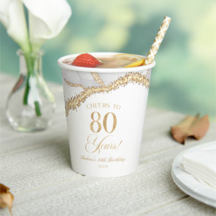 Gobelets En Papier Fête d'anniversaire de 80 ans en agate or blanc él