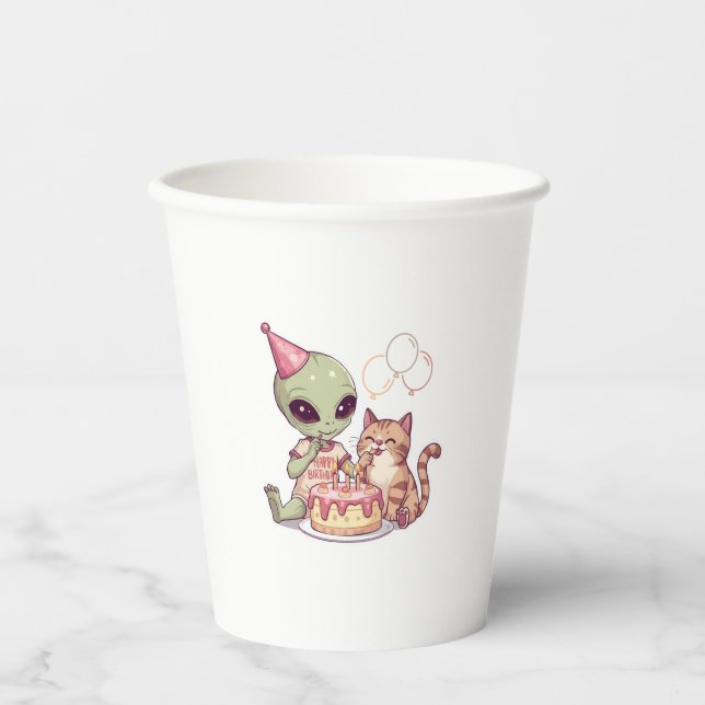 Gobelets En Papier Fête d'anniversaire de chat extraterrestre dessin  (Recto)