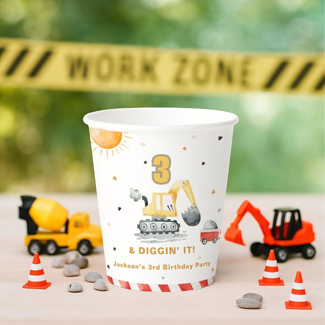 Gobelets En Papier Fête d'anniversaire de construction jaune fou (Créateur téléchargé)