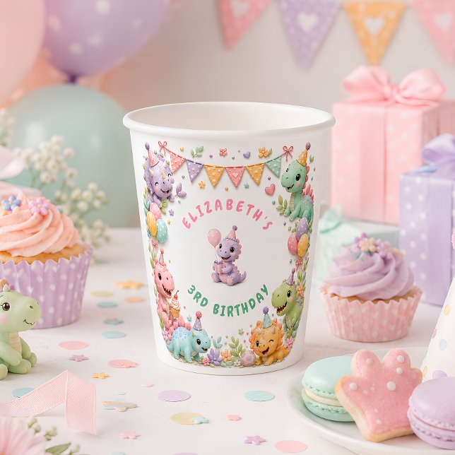 Gobelets En Papier Fête d'anniversaire de dinosaure de fille (Créateur téléchargé)