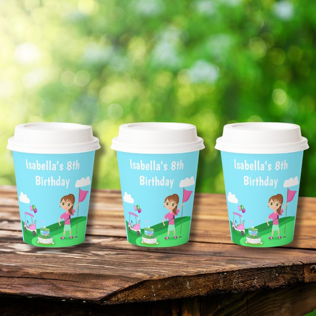 Gobelets En Papier Fête d'anniversaire de fille chibi au golf Par-Tee (Créateur téléchargé)